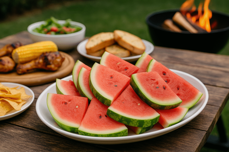 Outdoor summer spread with watermelon and firewood setup